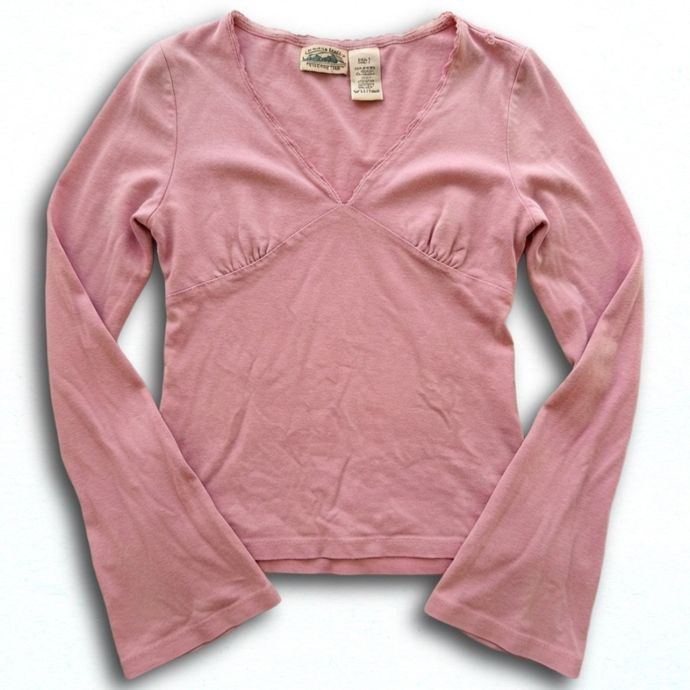 St Johns Bay Pink V-Neck Long Sleeve Lace Trim Empire Waist Top Small Y2K